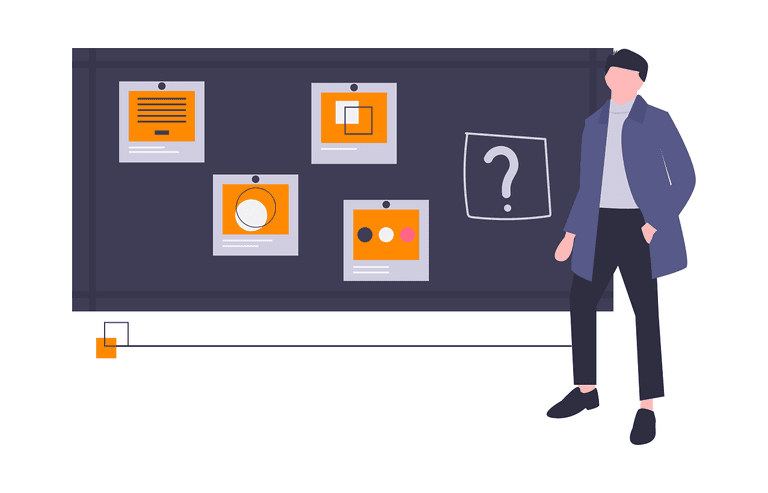 Illustration of a man standing next to a board with notes on