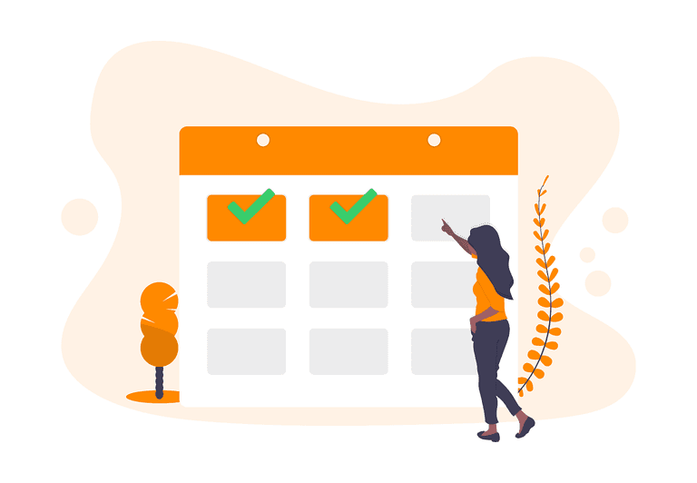 Illustration of a woman standing next to a calendar
