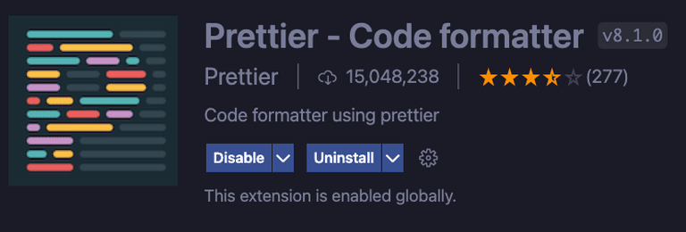 Screenshot of Prettier extension in VS Code