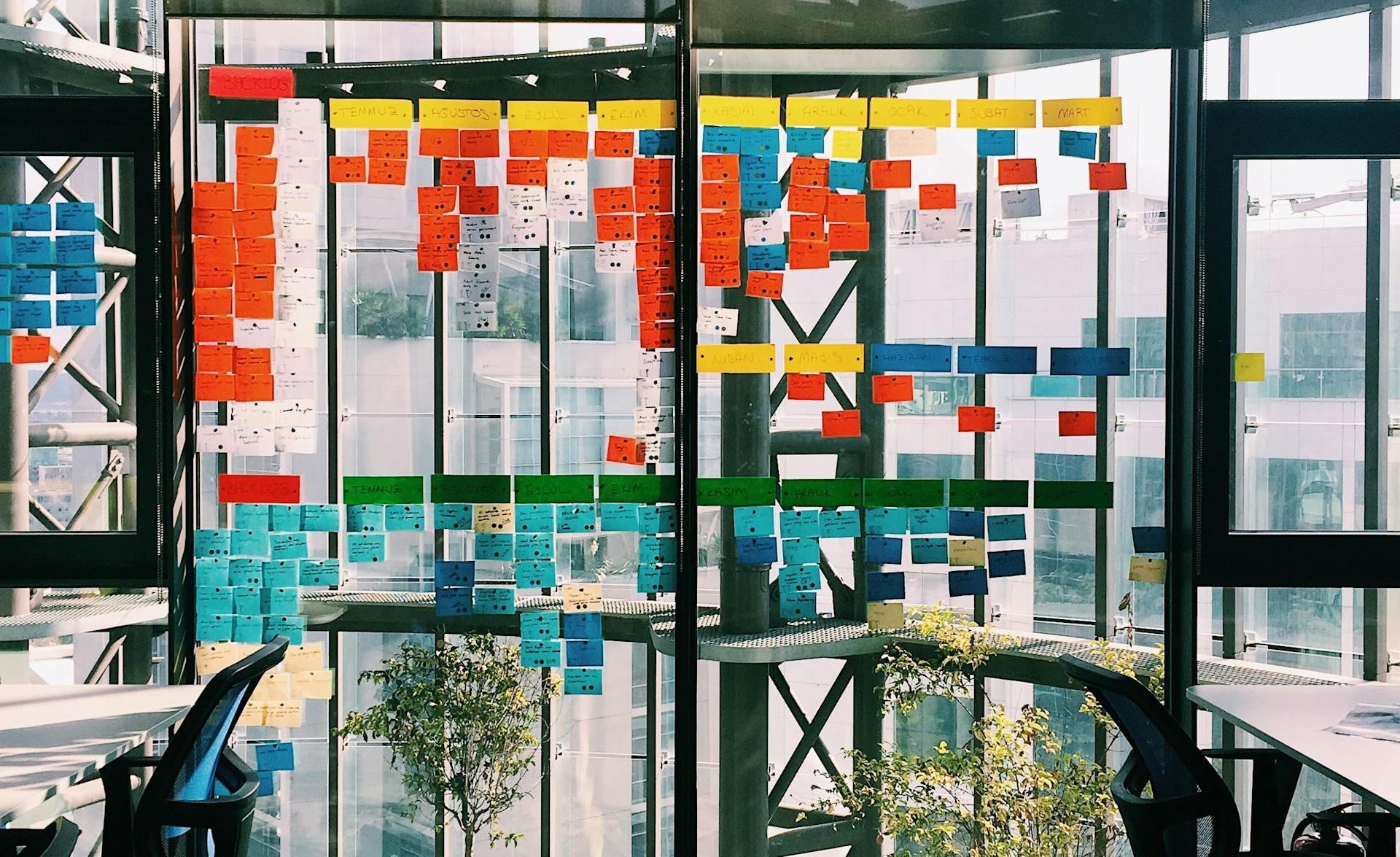Large windows with post-it notes arranged in a board